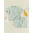 thumbnail image 2 of Gupgi Boys Summer Cotton Outfits Kids Solid Color Buttons Short Sleeve Tops Elastic Waist Shorts, 2Pcs Set, 2 of 6