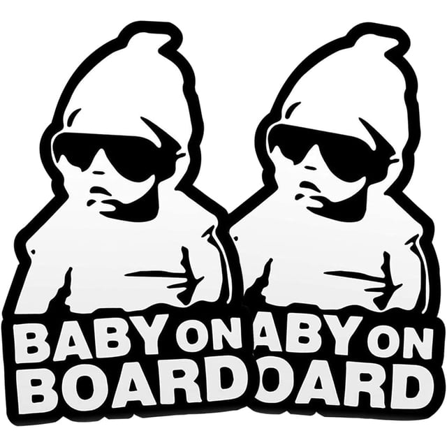 LAICAIW Baby On Board Sticker for Car, featuring two reflective decals with bold 'Baby On Board' text in black and white. Each sticker measures 6 inches by 4 inches and is designed for outside car windows. Made with waterproof adhesive vinyl for durability in all weather conditions. Bright colors and prominent patterns ensure visibility to other drivers, promoting safety and gentle driving. Ideal as a baby safety sign for vehicles.