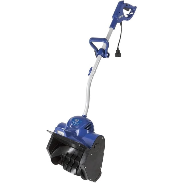 Snow Joe 11 Inch, 10 Amp Electric Snow Shovel with Light featuring a blue and black plastic body, ergonomic adjustable handle, and power cord, designed for quick snow removal on decks, patios, and sidewalks.