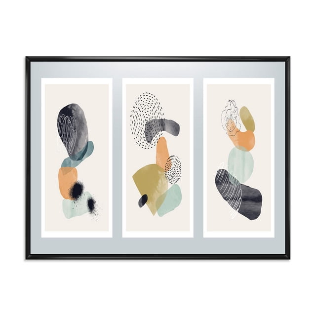 Designart Minimalistic Compostion of Organic Shapes I FLOAT FRAME WALL ART displaying three vertical abstract panels with layered organic shapes in black, orange, olive, and teal on beige canvas, gallery-wrapped and stretched over a 1-inch wood sub frame within a black floating frame, suitable for modern home décor and arrives ready to hang with included hardware.