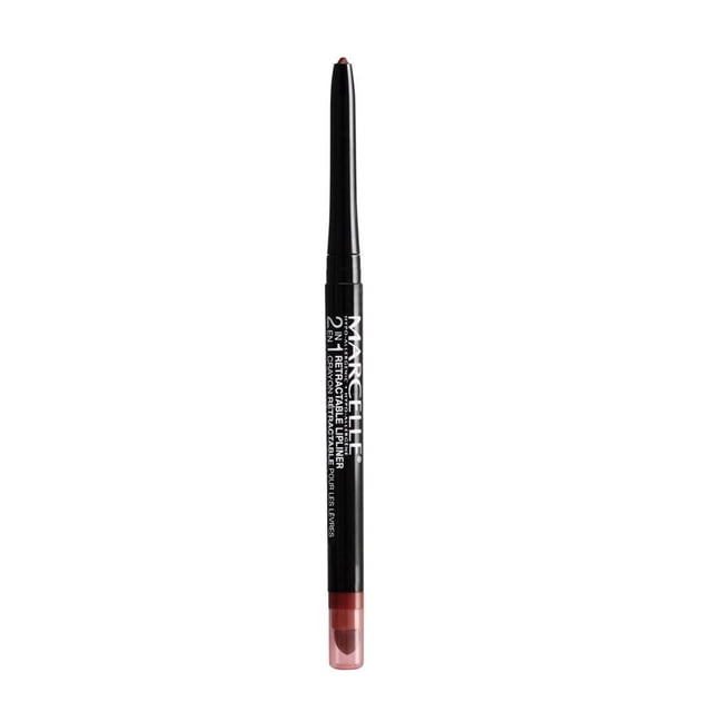 Marcelle 2-in-1 Retractable Plumping Lip Liner in a slim black retractable pencil with white branding text, showing a deep rose lip liner tip and a transparent cap at the base covering a built-in lip brush, designed to soften lip contours and enhance volume with a creamy gel-like texture.