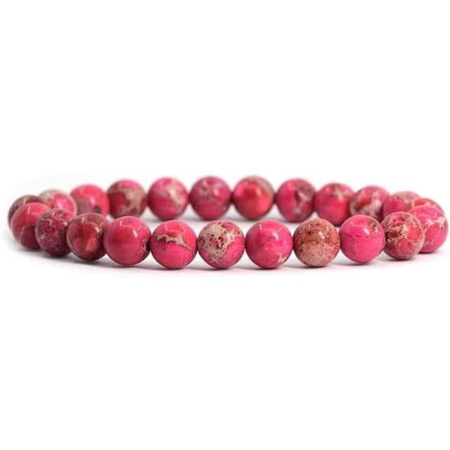 Bracelet Extensible Unisexe en Perles Rondes 8 mm avec Pierre Précieuse Jaspe Sédiment de Mer Rose