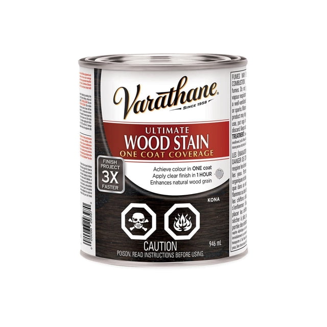 Varathane Ultimate Oil Base Kona Wood Stain can with metal lid, labeled for one coat coverage and fast drying in one hour, enhanced with nano pigments and soy oil base for exceptional colour clarity, 946 mL interior wood stain suitable for furniture, doors, and floors.
