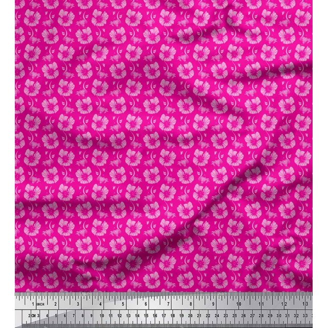 Soimoi Pink polyester Crepe Fabric Leaves & Floral Printed Fabric 1 Yard 52 Inch Wide