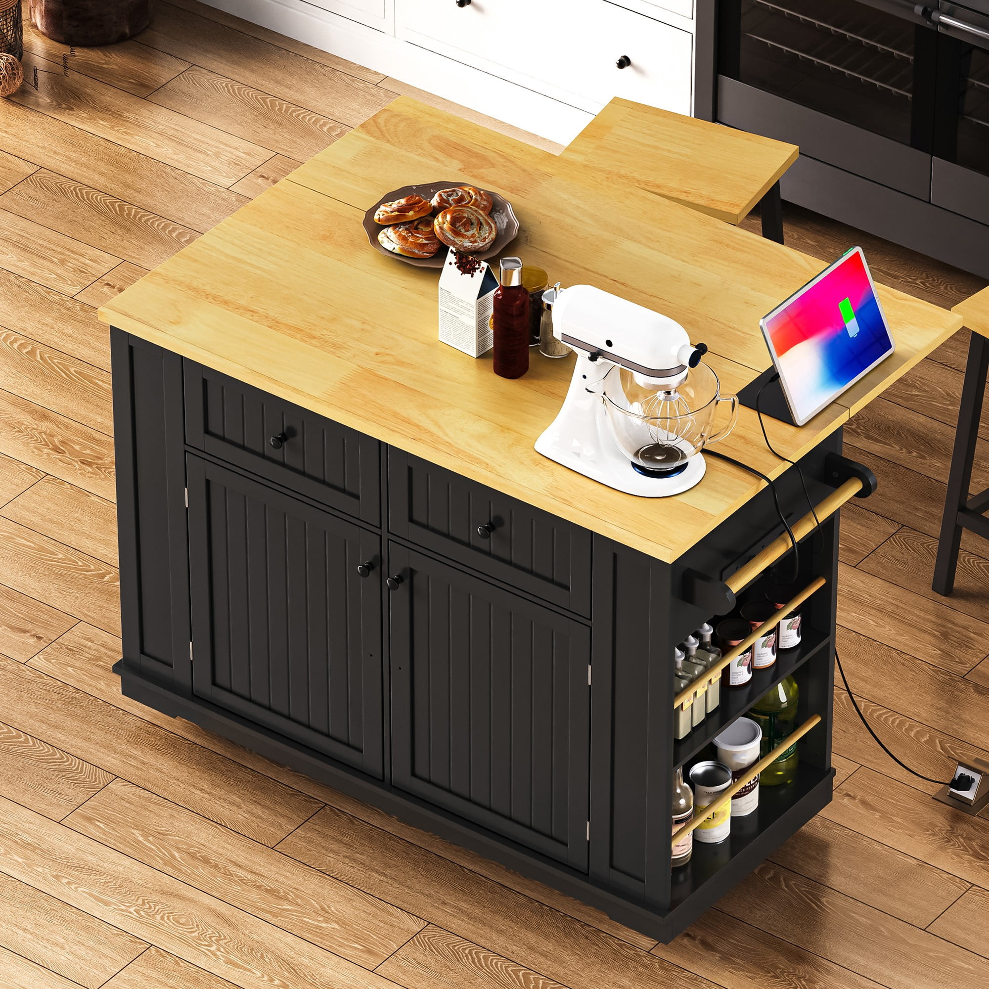 Noble House 48" Large Kitchen Island with Drop Leaf,5 Wheels 5 Open Side Racks,White