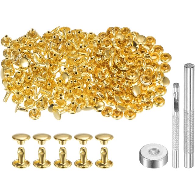 200 Sets Leather Rivets 8 x 8mm Metal Double Cap Rivet Snaps Studs Fasteners with 3pcs Setting Tools Rivets for Leather Craft DIY Repair Decoration, Gold Tone