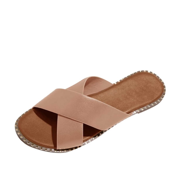 Womens Studded Flat Sandals Open Toe Slip On Mule Slides Crossed Strap Slipper