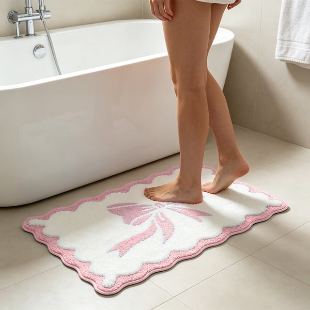 Flocked Velvet Bath Mat with Bow Design | Soft Plush Absorbent Shower Rug for Bathtub | Non-Slip Latex Backing Quick Dry Floor Mat for Bathroom | Washable Microfiber Runner for Sink, Tub, Doorway
