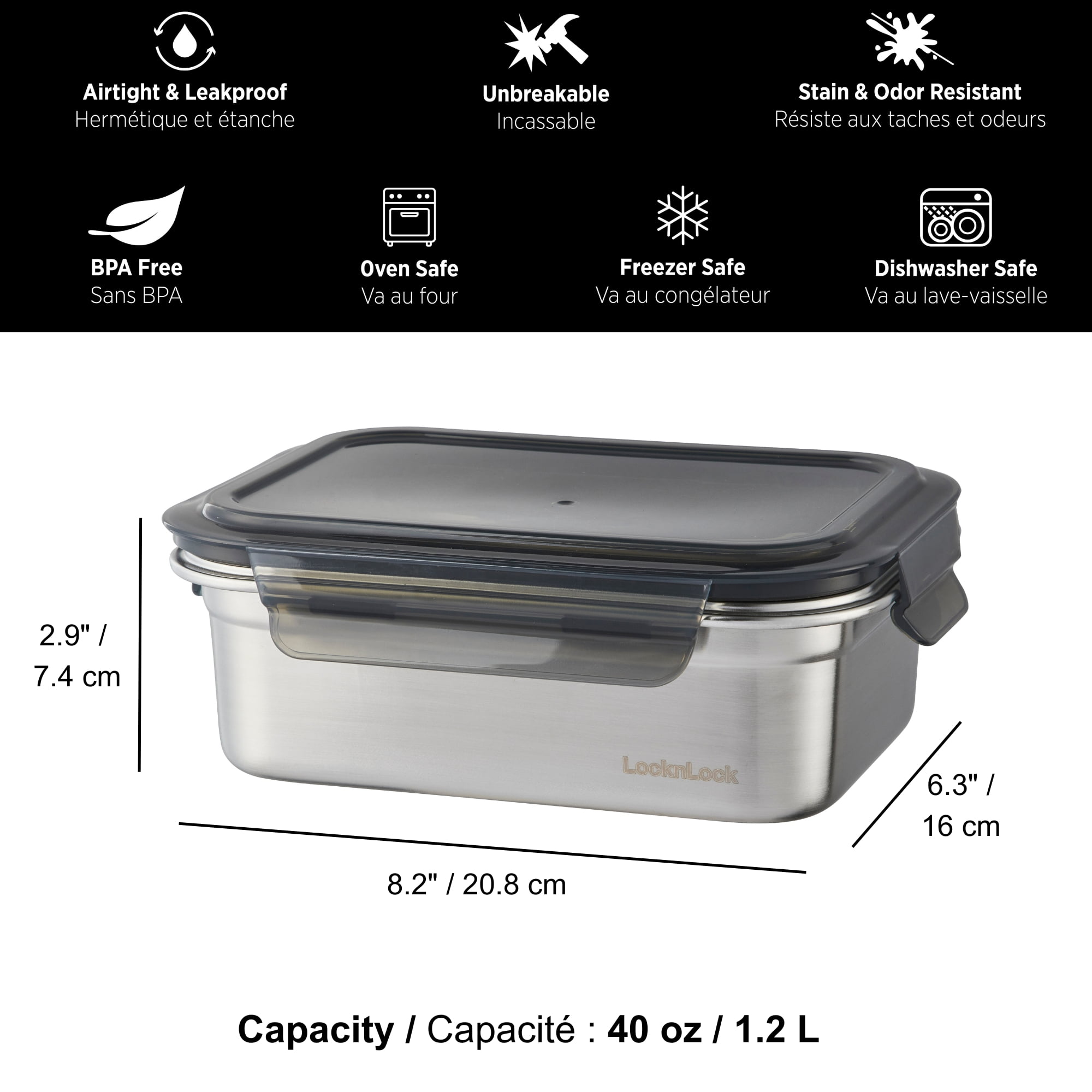 Starfrit LocknLock Steel, Contenant de rangement en acier inoxydable, Capacité de 1,2L /40oz, Rectangulaire, avec couvercle