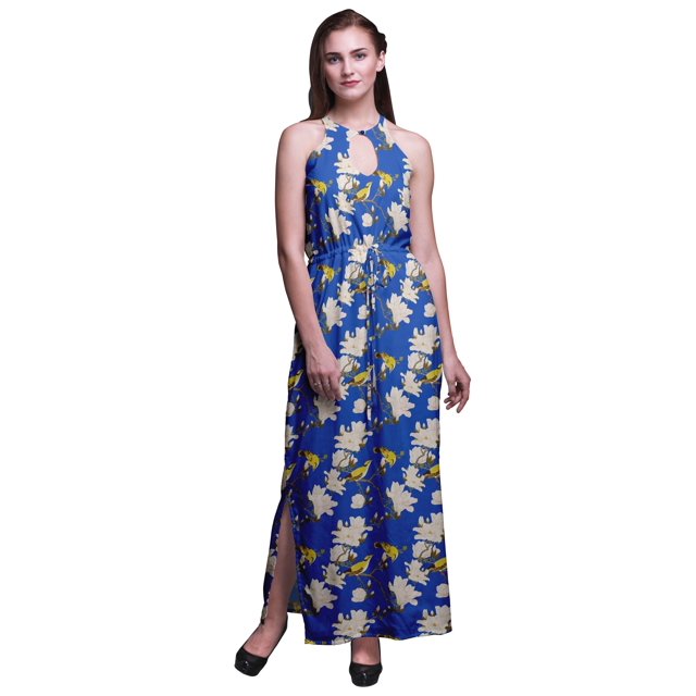 Bimba Robe Longue de Soirée Imprimée pour Femmes, Col Rond, Fentes Latérales, Grande Taille