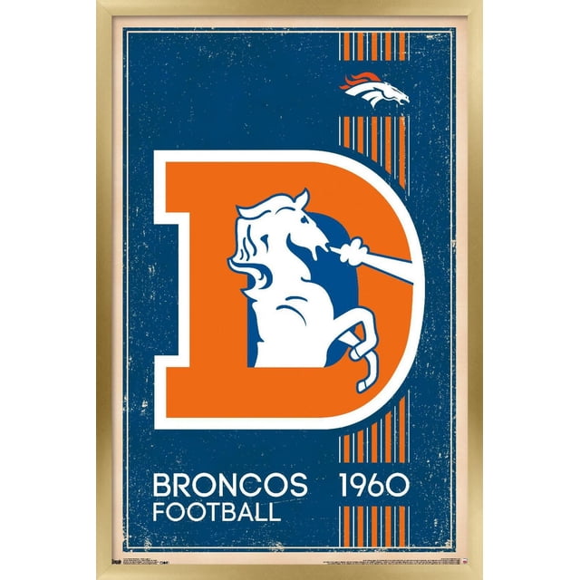 NFL Denver Broncos - Retro Logo 14 Wall Poster, 22.375" x 34" featuring a vintage Denver Broncos logo with a large orange 'D' and a white horse breathing blue flames on a distressed blue background with orange and white vertical stripes, text 'Broncos Football 1960' below, framed in light wood. Often used as sports fan room decor or party decoration.