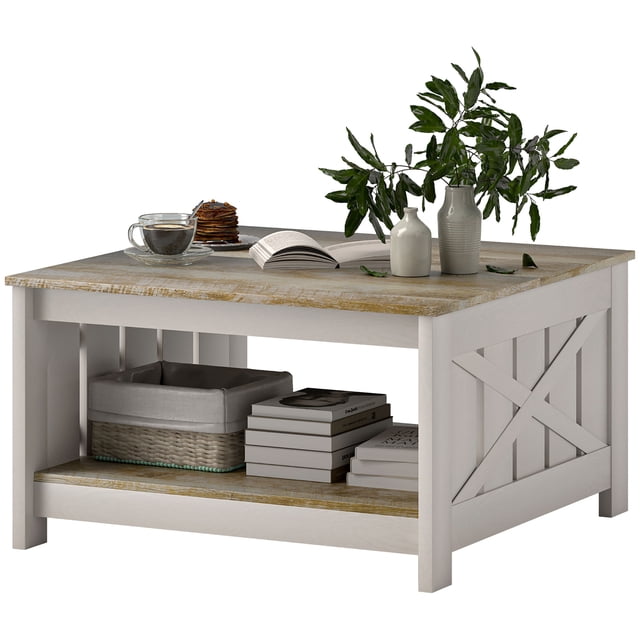 HOMCOM 31.5" Square Coffee Table, Farmhouse 2-Tier Center Table for Living Room, Distressed Oak and Brown