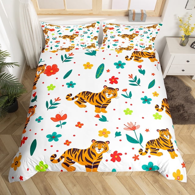 YST Tiger Comforter Cover Wild Animal Full Duvet Cover For Boys Kids Cartoon Flower Animal Bedding Set, Wildlife Bed Cover Botanical Flower Pattern 3D Bed Set (Pink Reverse),No Comforter