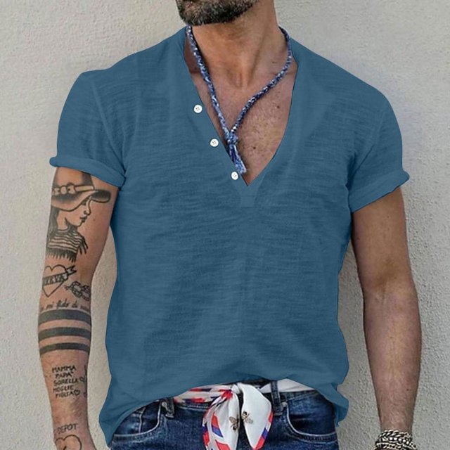 Lolmot Shirts for Men, Mens Solid Color Fallow Button Round Neck Sports Short Sleeve Shirt