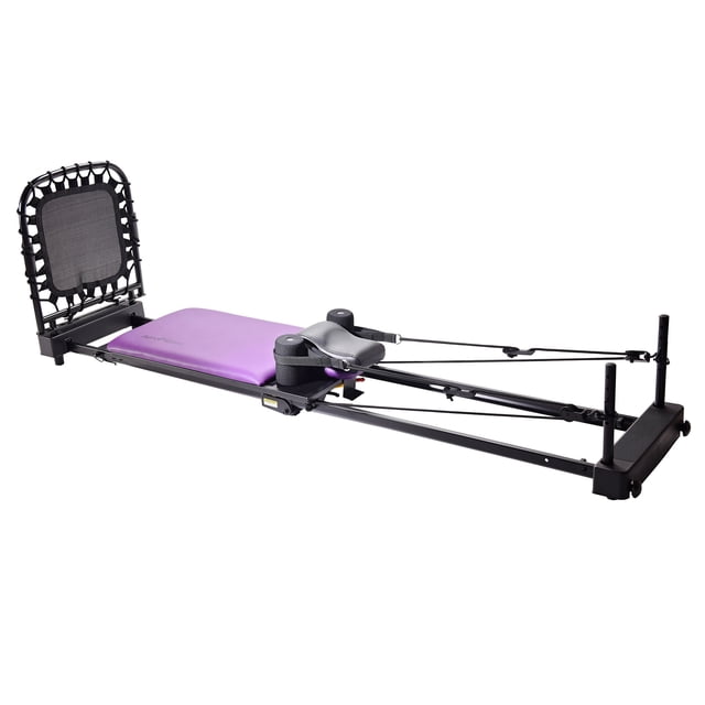 Stamina 55-4379 AeroPilates Reformer Plus Système d'Entraînement de Résistance pour Tout le Corps avec un design Élégant Noir et Violet. Comprend une Plateforme Rembourrée, des Épaulettes en Mousse à Haute Densité, un Oreiller pour la Tête et le Cou, et des Cordons de Résistance Ajustables en Rouge, Jaune et Noir pour une Intensité Personnalisable. Équipé d'Un Rebondisseur cardio Arrondi Breveté, d'Une Plateforme Debout Texturée et d'Un Cadre Pliable avec Roues pour un Rangement Facile. Dimensions : 86 x 21 x 26 Pouces.
