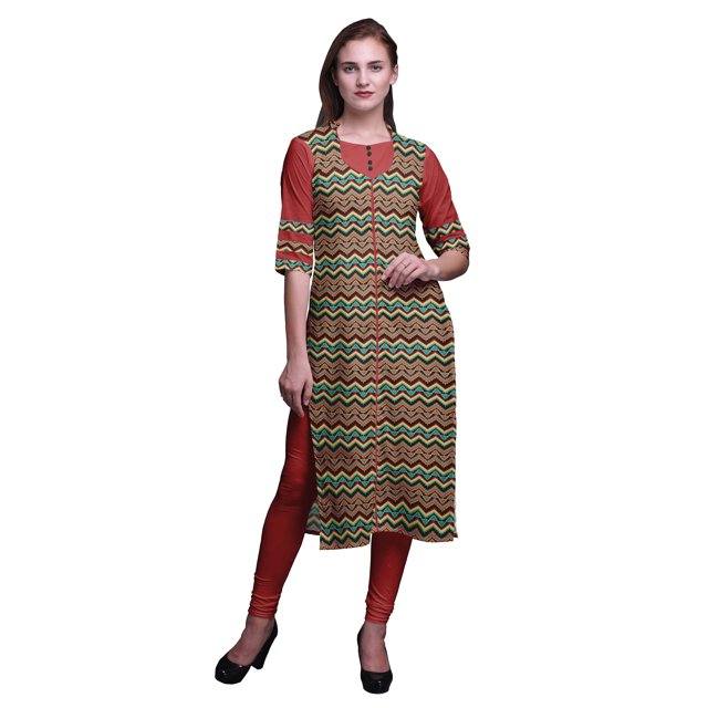 Bimba Rayon Slub Straight Kurti 3/4 Sleeve Printed Tunic Top Summer Clothing