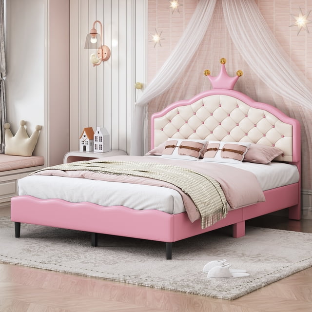 PU Leather Princess Bed with Tufted Headboard,Pink