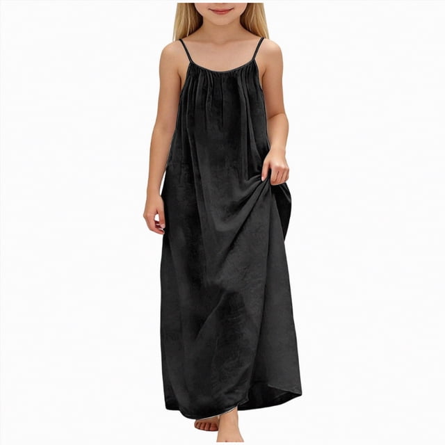 NIEWTR Robe Décontractée Tissée pour Tout-Petits et Bébés Filles à Larges Bretelles, Robe Soleil Fluide pour les Journées d'Été (Noir, 8-9 Ans)