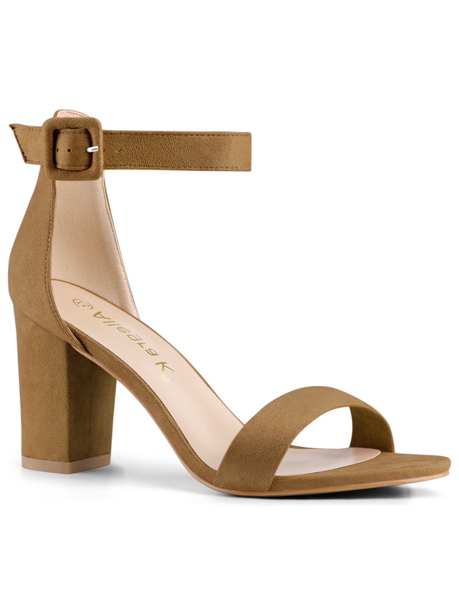 BLISSFUL STEP Women's Shoes Ankle Strap Block Heel Buckle Open Toe Sandals Brown 7.5