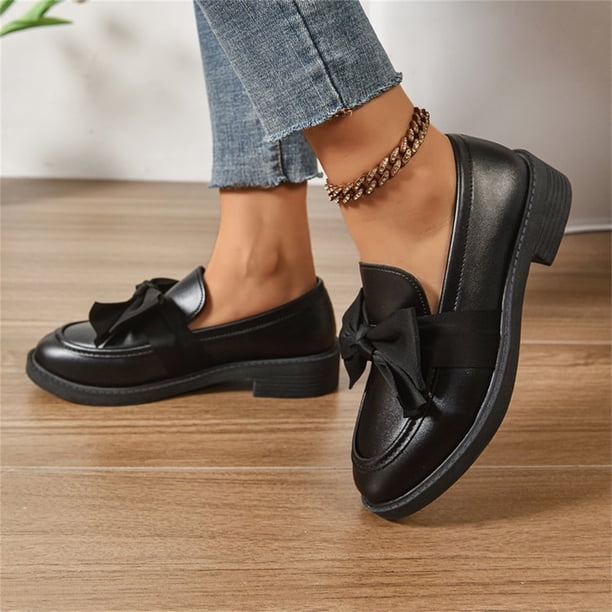 Commforr Womens Walking Shoes, Bow Flats, Womens Dress Shoes, Women's Cute Bowknot Loafers Shoes Slip on Casual Comfortable Office Walking Chunky Round Toe Dressy Loafer for Daily Wear, Navy, 7.5