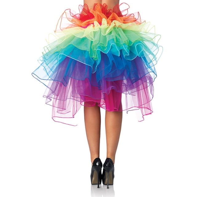 Homemaxs Women's Rainbow Tutu Mini Skirt, Multicolored. A vibrant multicolored mesh skirt featuring layered tulle sheer in rainbow hues. Free size fit suitable for most women, laced at the waist, perfect for costumes, women's skirts, parties, cosplay, or stage performances.