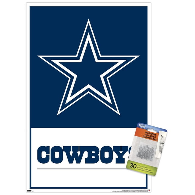 NFL Dallas Cowboys- Logo 21 Affiche Murale, 14,725 Po x 22,375 Po Encadrée, Présentant un Logo Étoile des Dallas Cowboys Blanc au Centrage sur Fond Bleu Marine au-Dessus du Texte Bleu Marine Audacieux « Cowboys » sur Fond Blanc, avec une Bordure de Cadre Blanche et un Lot de 30 Punaises Transparentes Incluses pour une Suspension Facile, Convient à la Déco de la Maison et aux Chambres de Fans.