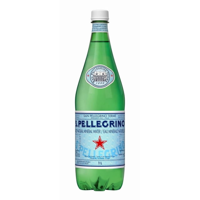 SAN PELLEGRINO Sparkling Carbonated Water 1 L plastic bottle with green translucent body, white screw cap, and blue label featuring a red star and San Pellegrino Terme 1899 emblem, containing Italian natural mineral water enriched with calcium and magnesium, ideal for sharing and pairing with meals.