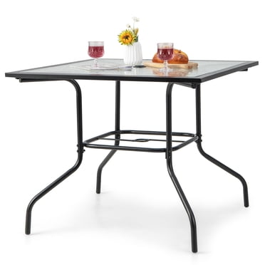Costway Table de Salle à Manger de Patio 35 Pouces Dessus en Verre Trempé Table Bistro avec Trou pour Parasol de 1,5 Pouces