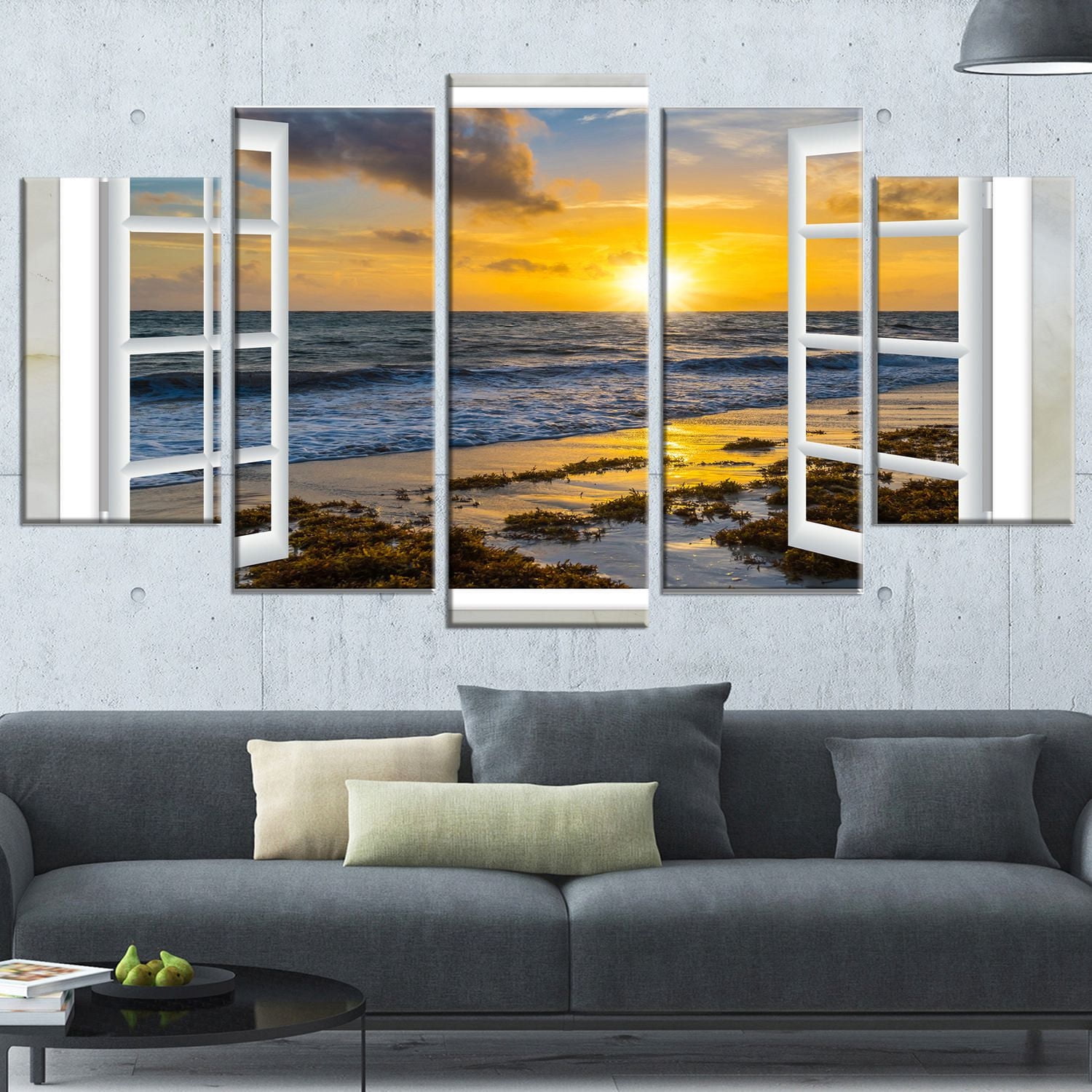 Tableau sur toile imprimée Design Art Paysage marin moderne Couchée de soleil jaune brillant à travers une fenêtre