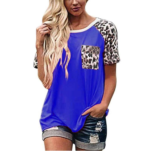 DYMADE Women Leopard Patchwork Crew Neck Short Sleeve Casual Loose Top