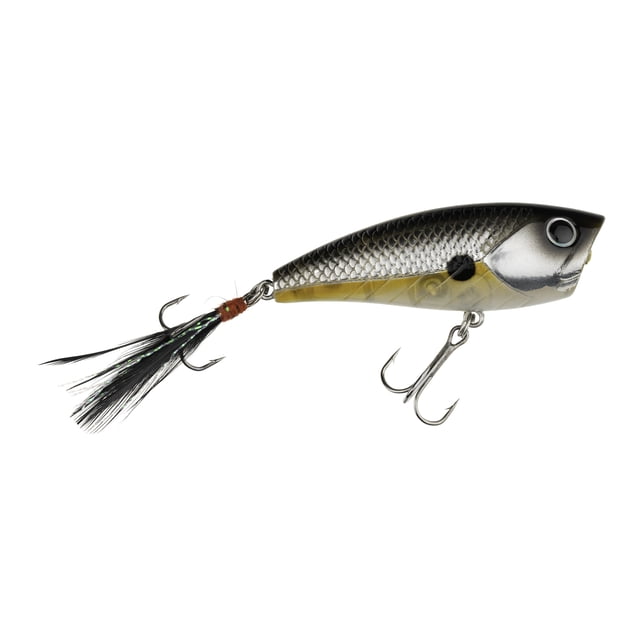 Lunkerhunt Impact Crush - Côté Argenté - Leurre Flottant Éclatant de 1/3 oz Montré sur le Côté avec Corps à Écailles Argentées et olive, Tache Noire Près de la Queue, Grand Oeil, et Deux Hameçons Triples en Métal; un Hameçon A des Plumes Noires avec des Brins Réfléchissants Attachés par du Fil Brun, Conçu pour de Longs Lancers et une Forte action en Surface.