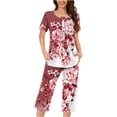 thumbnail image 1 of Pyjama en Coton pour Femmes Ensemble en Liquidation Ensemble de Pyjama à Manches Courtes pour Femmes 2 Pcs Ensemble de Nuit d'Été Imprimé Floral Boutons Col Ras du Cou Pantacourt Ensembles de Pjs Grande Taille Pyjamas pour Femmes Ensemble Nouveau Rouge-A 3TG, 1 of 5