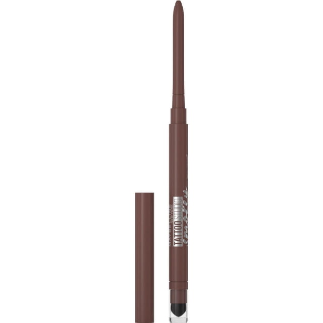 Maybelline Tattoo Studio Smokey Gel Pencil Eyeliner in brown with a mechanical twist-up gel pencil design, featuring a smudge-proof formula and a built-in smudger at the base for blending, displayed uncapped on a white background.