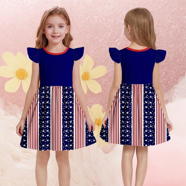 QTBIUQ Robe d'Été pour Fille, Imprimé de la Fête de l'Indépendance, Col Rond, Patchwork, Petite Manche Courte, Taille Courte, Vacances, Fête, Jeu, Décontractée, Cintrée, Polyvalente, Ensemble Quotidien, Style Mignon et à la Mode (Bleu, 13 Ans)