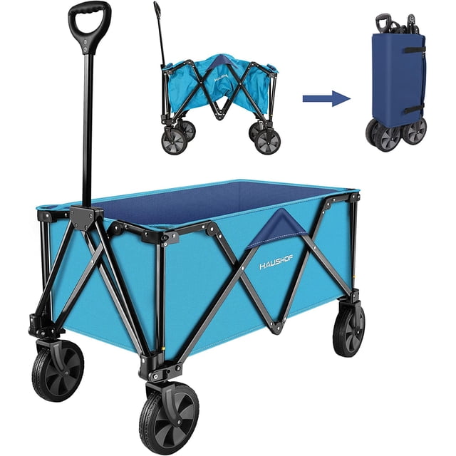 Chariot Pliable Robuste, Chariot Utilitaire d'Extérieur Pliant en Bleu avec Cadre en Acier durable et Tissu oxford Enduit de PVC 600x300D. Comprend une Capacité de Charge de 176 Lb, une Poignée Ajustable s'Étendant jusqu'à 42 Pouces, et 4 Roulettes Robustes, Deux d'Entre-Doigts Pivotent à 360 Degrés pour une Mobilité Toutes Directions. le Chariot Se Plie de Façon Compacte jusqu'à 29,5 x 8 x 8 Pouces pour un Rangement et un transport Faciles. Comprend 2 Porte-Gobelets et une Prise Ergonomique pour le Confort. Convient