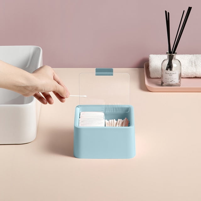 Iumwxz Makeup Storage Box with Lid Double Compartment DustProof Desktop Lipstick Remover Swab Classification Organizer Jewelry Holder 1 Pack Blue