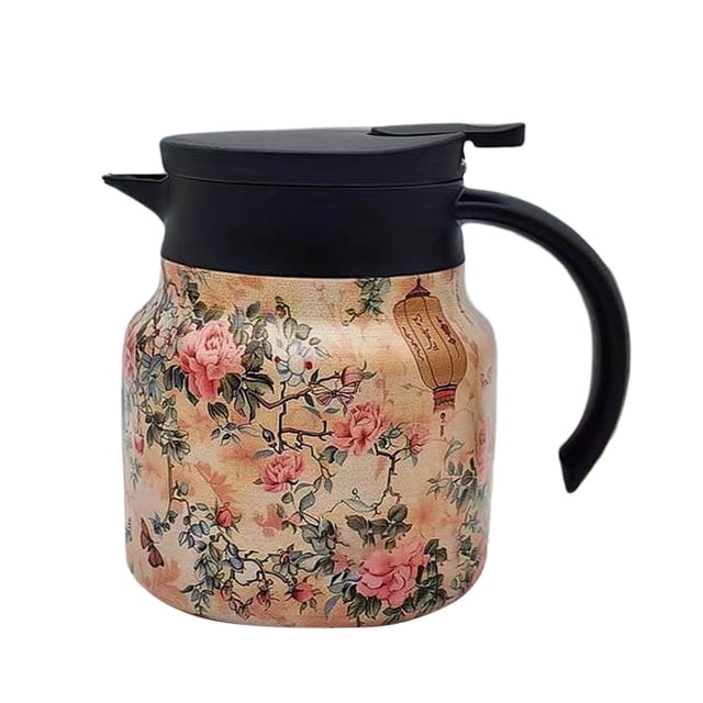Glass&Bottle Floral Pattern Tea Pot with Built-In Infuser Stainless Steel Thermal Carafe for Hot Drinks Mini Coffee Pot with Lid Elegant Glass & Bottle Kitchen Accessory