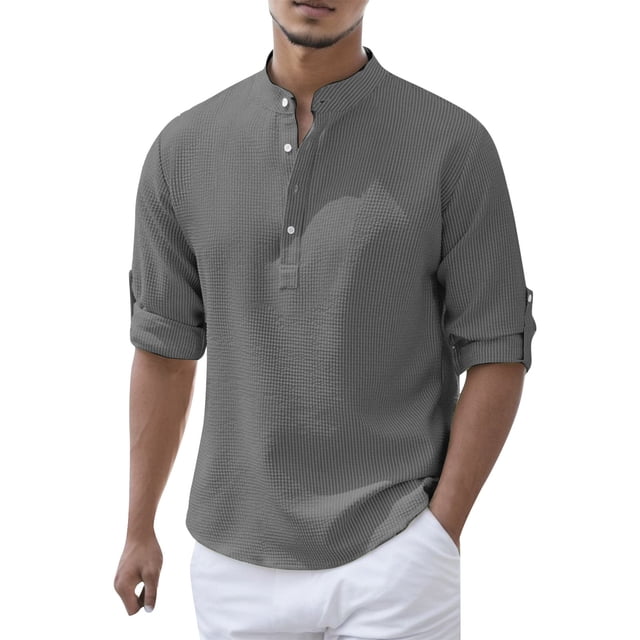 PMUYBHF T-Shirts Graphiques pour Hommes Mode Décontractée Printemps et Automne Couleur Unie Col à Boutons Manches Longues