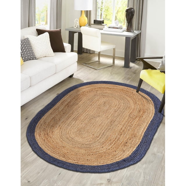 Indian Handmade Braided Navy Blue Border with Inner Natural Jute Area Rug, Home Décor Rug, Jute Rug for Bedroom, Dining Room, living room, Doormat Rug Size - 3' x 5' Oval (90 cm x 150 cm)