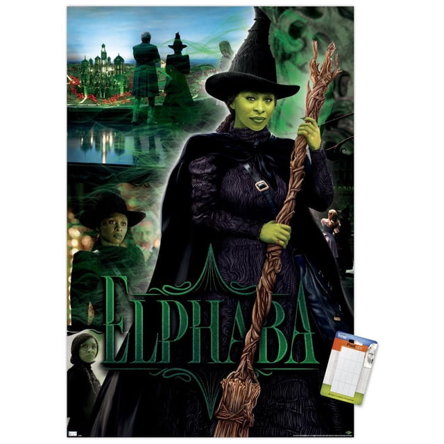 Wicked - Affiche Murale Elphaba, 22,375 Po x 34 Po, Représentant Elphaba en costume de Sorcière Texturé Noir et Chapeau Pointu Tenant un Balai en Bois Détaillé avec des Effets de Fumée Verte. l'Arrière-plan Montrant une Ville Émeraude Illuminée et des Figurines Ombrées, avec « Elphaba » en Grand Texte Vert Stylisé. Cette Affiche Brillante Est Légère et Facile à Accrocher pour la Décoration Murale de Chambre Ou de Bureau.