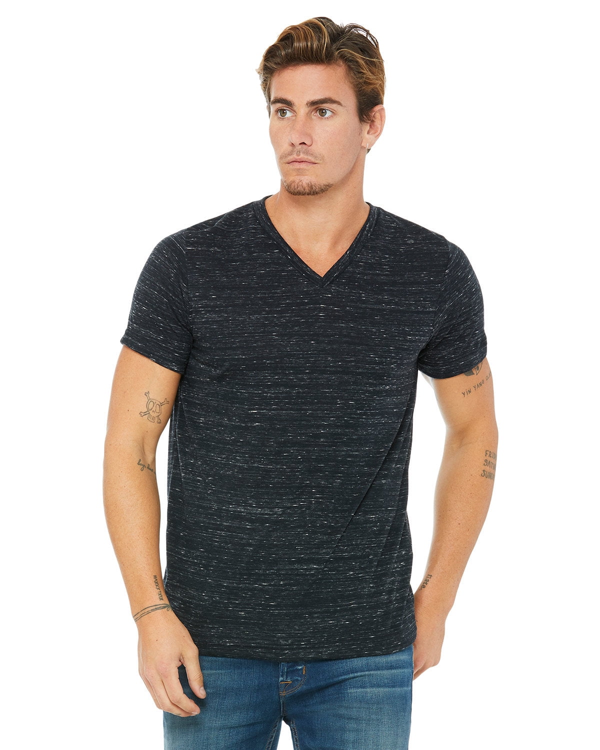 BELLA+CANVAS T-Shirt Jersey à Col en V pour Homme, TP, Marbre Noir