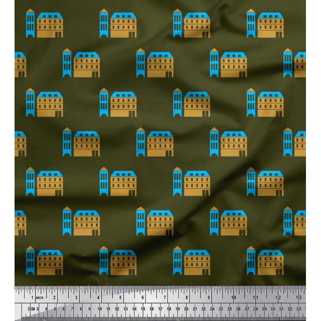 Soimoi polyester Crepe Fabric House Architectural Print Fabric by the Yard 42 Inch Wide