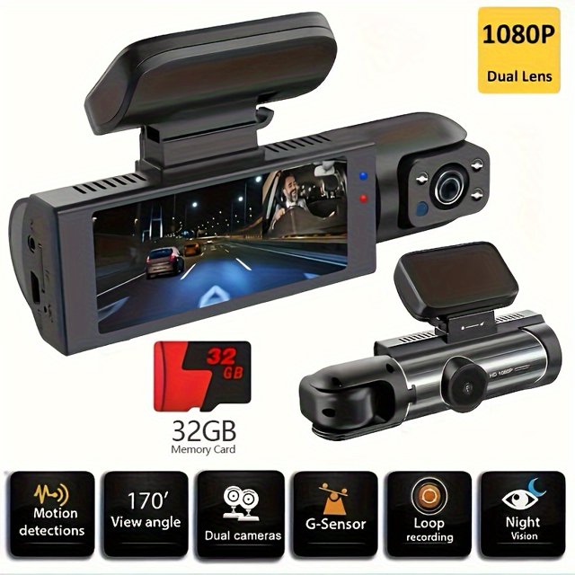 Dash Camera Front And Inside With 32G SD Card by etymoofox, featuring a 3.16-inch display and 1080p video resolution. The dual-lens dash cam captures both front and interior views, with a 170-degree wide-angle lens. Includes motion detection, G-sensor, loop recording, and night vision capabilities. Comes with a suction mount for universal driving positions and operates via a car plug with a rechargeable lithium-polymer battery.