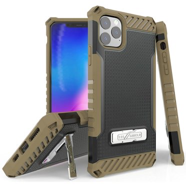 Étui pour iPhone 11 Pro, Étui Robuste Brun à Trois Boucliers [Qualité Militaire] avec Béquille en Métal [Inclut une Dragonne Lanière] pour Apple iPhone 11 Pro (Modèle 2019, 5,8 Pouces)