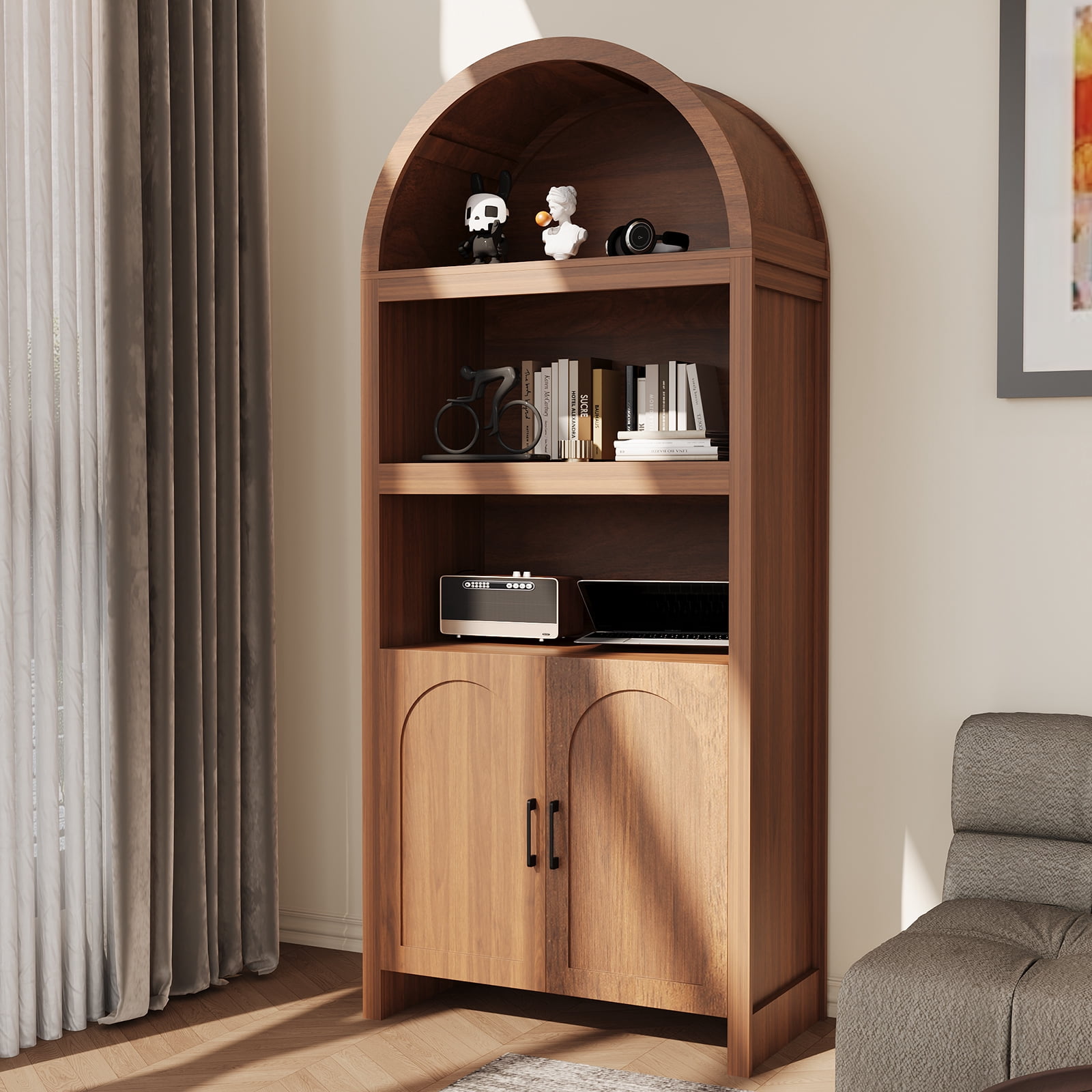 71 Inch Mid Century Arched Bookcase, Book Shelf with Doors, 3 Open Display Shelves and Adjustable Shelf, Display Case Storage Cabinet, Wooden 5 Tier Book Case for Living Room, Office