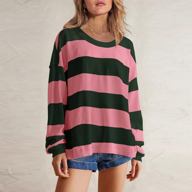 RXIRUCGD Haut à Manches Longues pour Femme, Coupe Ample, Décontracté, à Blocs de Couleur, à Rayures, Col Rond, Rose, Taille : TG