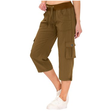 Bmisegm Casual Women's Cargo Pants Lightweight Hiking Capris with Drawstring High Waisted Comfortable Loose Fit Pants Featuring Pockets for Everyday Wear Brown S