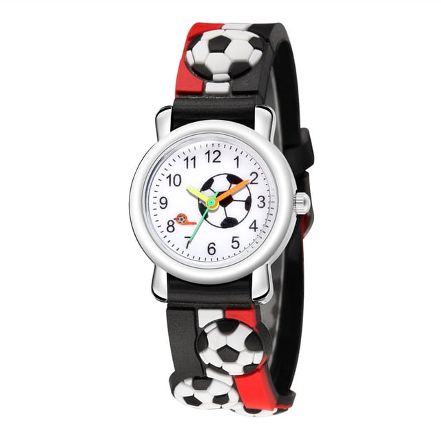 TIMIFIS Kids Watch 3D Relief Trend Fashion Sports Children's Football Pattern Quartz Watch Gift - Summer. A children's analog watch with a 28mm alloy case, 10mm dial thickness, and a 208mm silicone strap featuring embossed football designs. The football-themed dial includes colorful hands and a tempered glass mirror. Perfect gift for kids aged 5-16, suitable for sports and outdoor activities.
