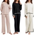 thumbnail image 4 of Fortune 2Pcs Women Knit Clothes Contrast Color Long Sleeve Loose Sweater + Wide Leg Pants Fall Lounge Set, 4 of 9
