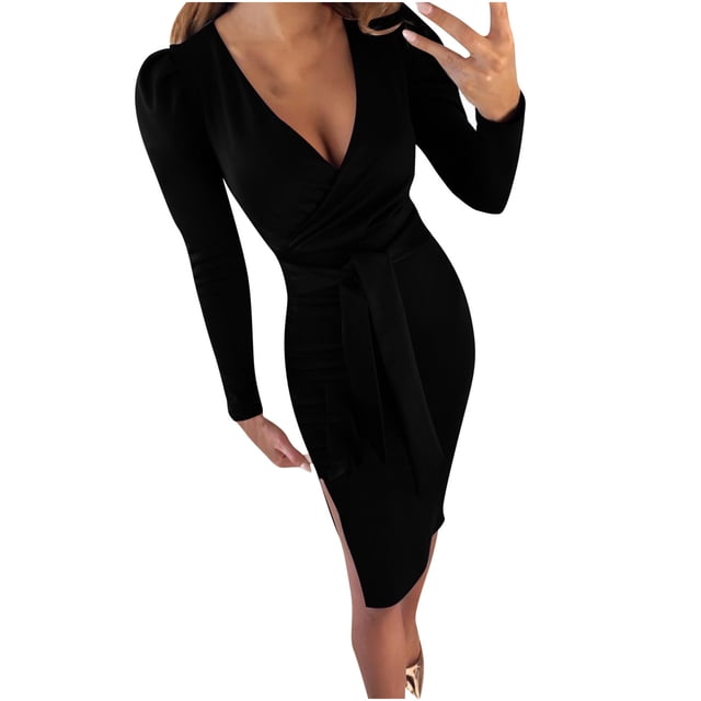 Pompotops Robe de Soirée Aguichant pour Femmes Automne et Hiver, Col en V, Manches Longues, Bandage Amincissant, Fente aux Fesses